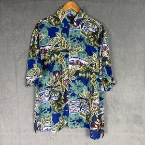 Vintage Silk Traders Hawaii Mens XL Shirt Tropical Island Map Blue Green Resort